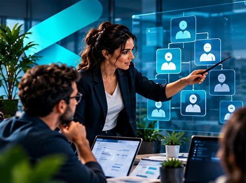 Atelier d’organisation : une consultante présente un schéma des rôles d’une équipe IT.
