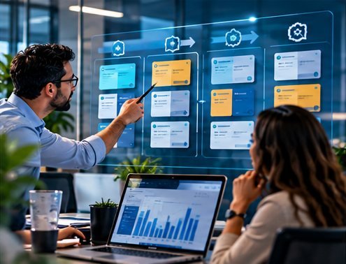 Scène de coordination d’équipe autour d’un tableau Kanban et d’indicateurs de suivi.